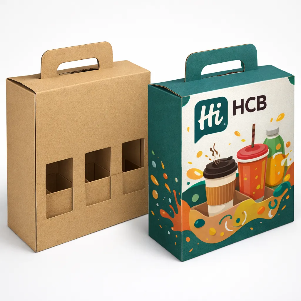 Two sturdy white two-piece boxes with lids, including one featuring custom green beverage branding. class=